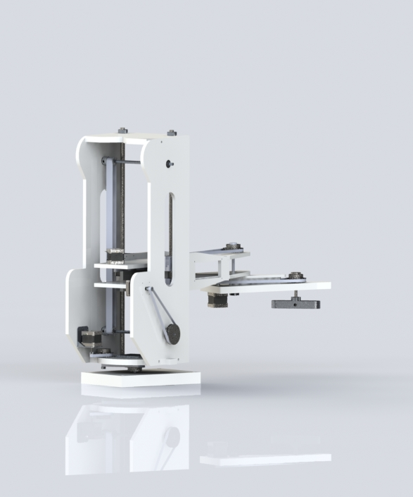 Mechanical render of a four-axis SCARA robotic arm.