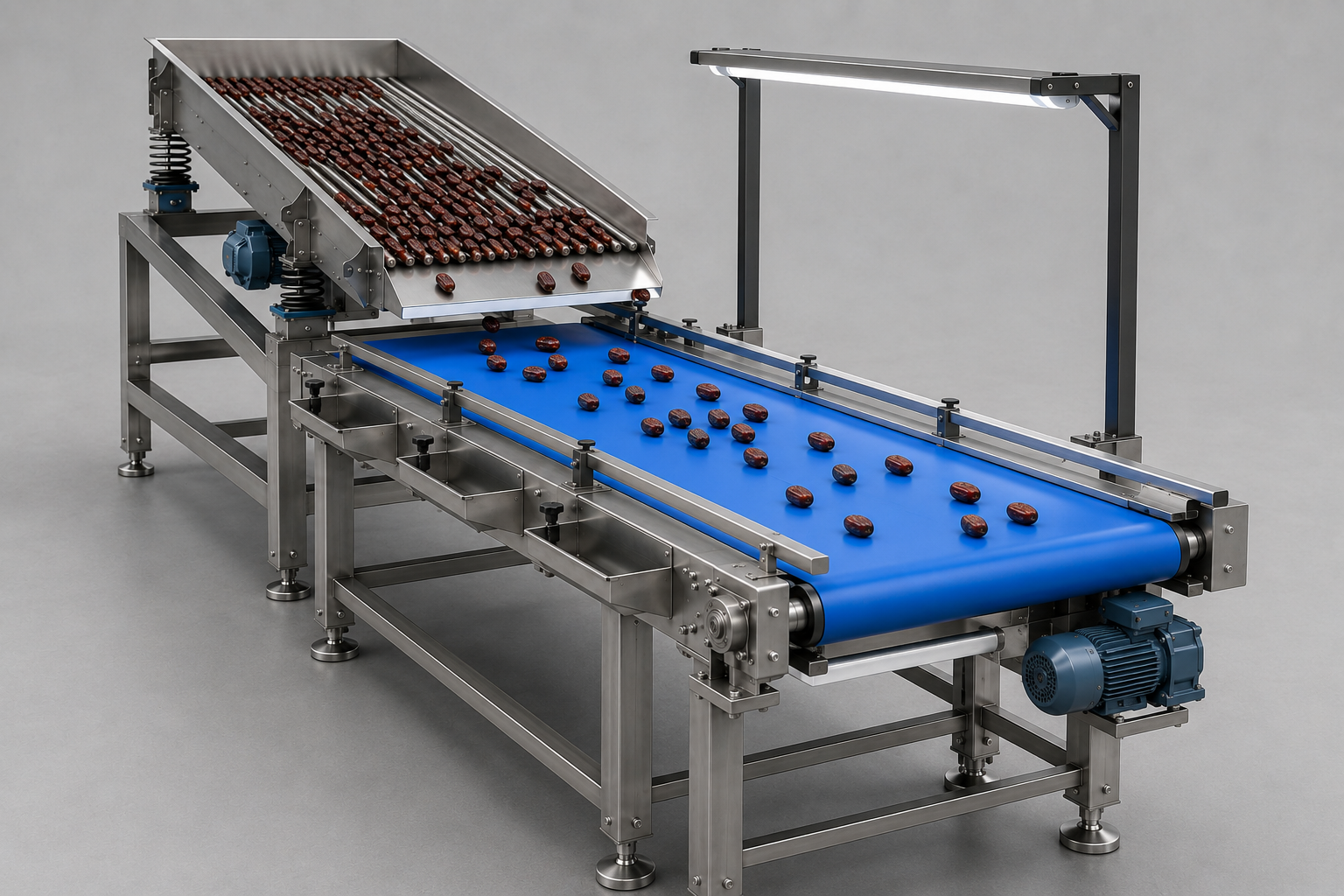 Perspective mechanical render of the date processing and inspection production line.