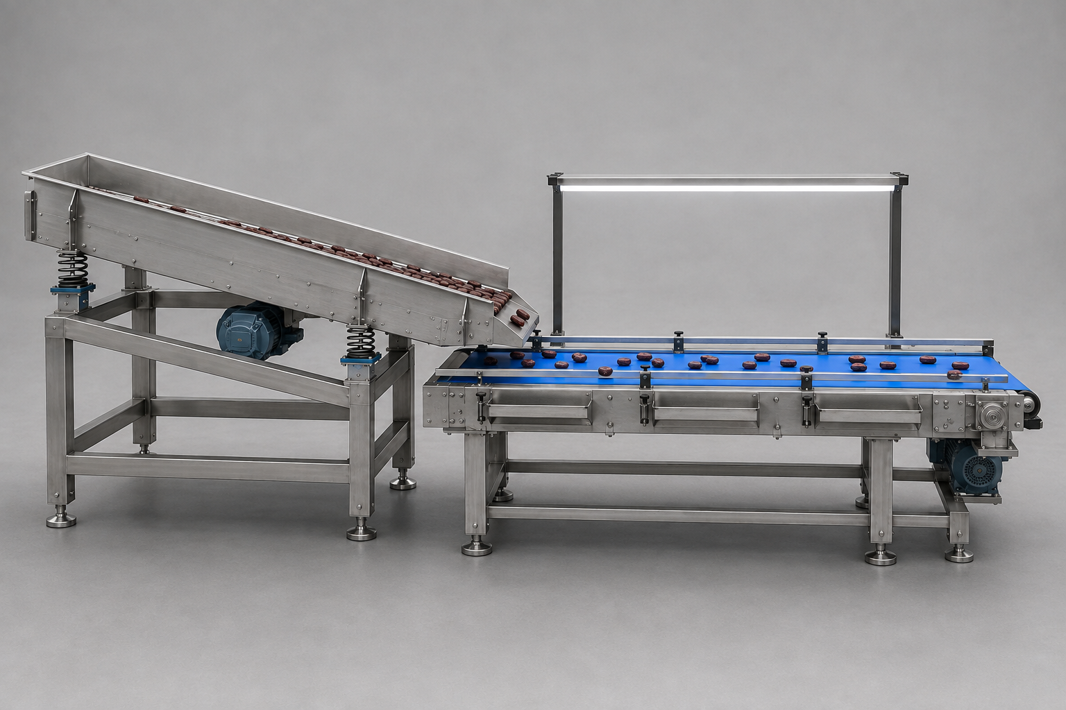 Side-view mechanical render of the date processing production line.